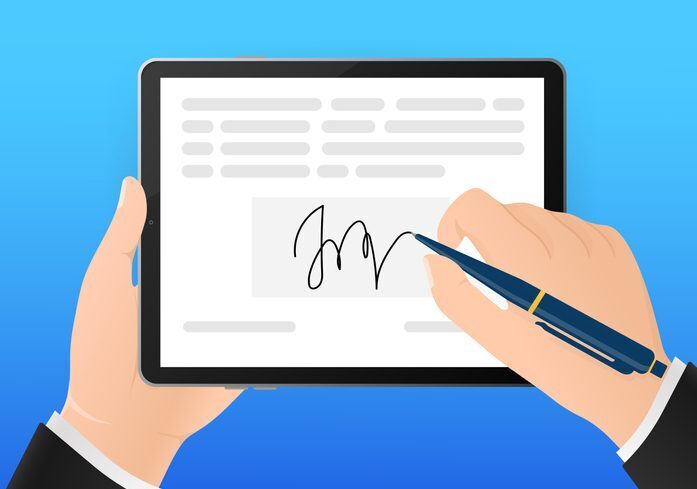 Electronic signature in flat style. Flat infographic. Phone icon vector. Digital background. Electronic signature. Illustration close-up of a person signing a document on a tablet computer.