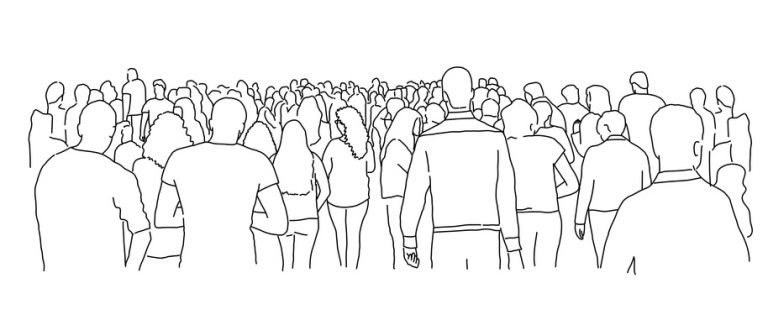 Line drawing of a crowd of people viewed from the back, as if they are moving away from viewer.