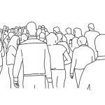 Line drawing of a crowd of people viewed from the back, as if they are moving away from viewer.