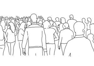 Line drawing of a crowd of people viewed from the back, as if they are moving away from viewer.