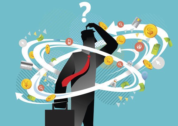 Business confusion Silhouette of businessman with briefcase, with swirls of iconic money images revolving around his head, and a question mark above his head.