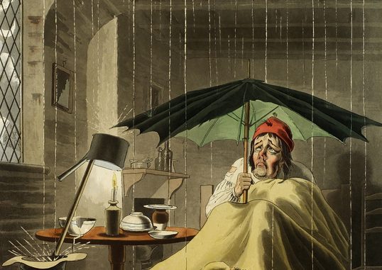Whimsical color drawing of a distressed looking man in night clothes in bed under a leaky room, holding an umbrella over his head.