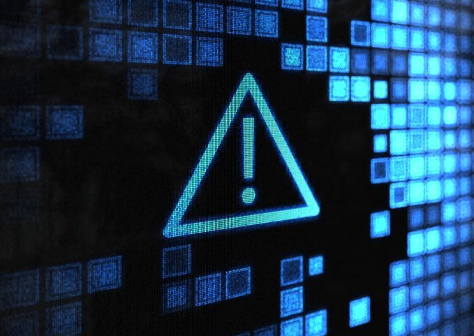 Exclamation Point A stylize blue checkerboard grid with warning icon, exclamation point in the middle of it.