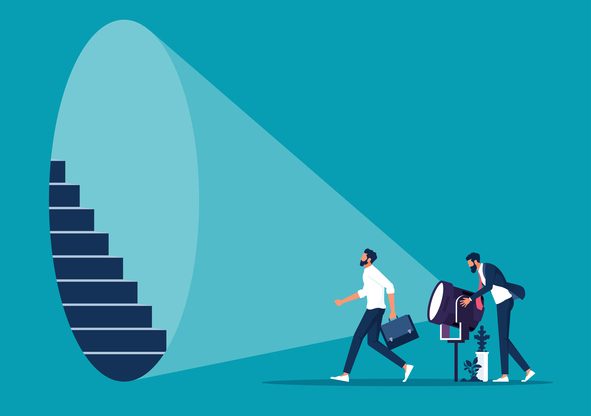 Uncovering business strategy and career concept Symbolic illustration: two figures in a dimly lit space shing a searchlight at a stairwell leading upwards.