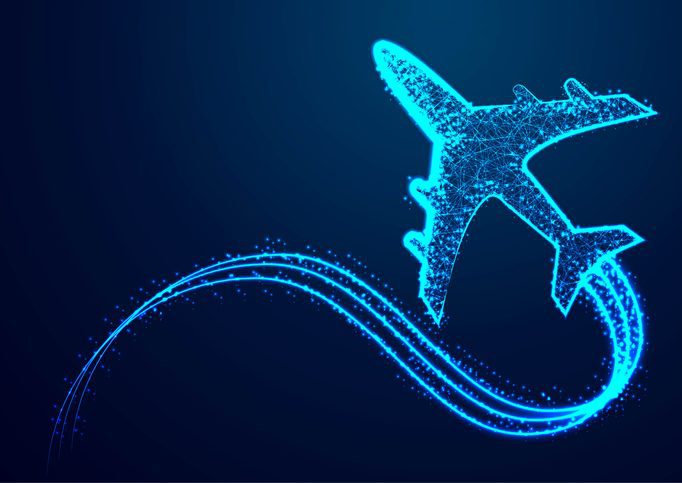 Airplane. Abstract 3d polygonal wireframe airplane, Travel, aircraft, tourism, vacation concept illustration or background Stylized illustration of an airplane ascending, but with an erratic flight path suggested by its contrail.