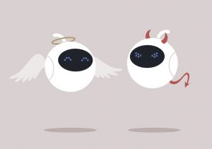A couple of abstract figure that look a bit like eyeballs. One has angels' wings, and other has devil horns.