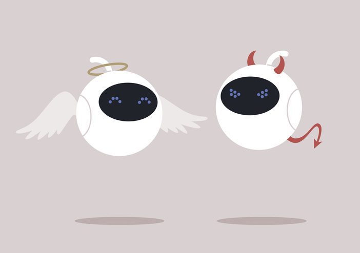 Advantages and disadvantages of modern technologies, two cute robots dressed like an angel and a devil A couple of abstract figure that look a bit like eyeballs. One has angels' wings, and other has devil horns.