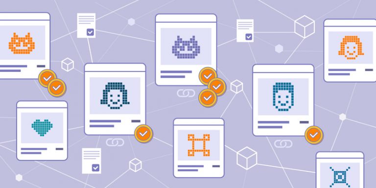 NFT marketplace with items on sale Somewhat abstract rendering of lines of smart phones connected by lines, abstract faces on the screens, and gold tokens scattered about.
