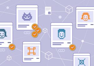 Somewhat abstract rendering of lines of smart phones connected by lines, abstract faces on the screens, and gold tokens scattered about.