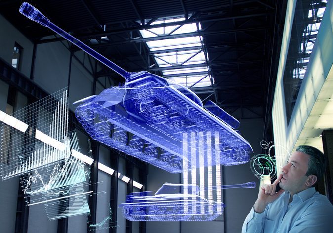 Armored Tank Researches Lab Guy contemplating a stylized collage-image of armaments including a tank in factory production.