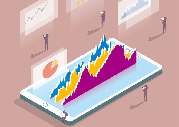 Group of people watching stock data using mobile internet, smartphone. The background is brown. Abstract illustration of four figures looking at 3-dimensional models of graphs, al of them "ascending."