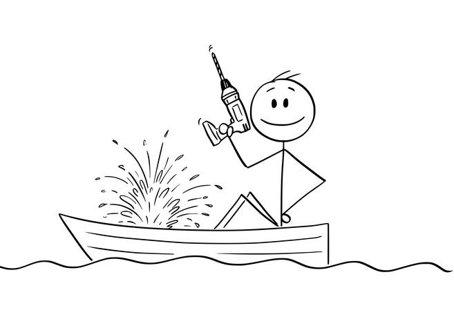 Vector Cartoon Illustration of Happy Man or Businessman Sitting in Rowing Boat with Electric Drill in Hand and Watching the Boat Sinking. Cartoon of a smiling stick figure in holding a drill after drilling a hole in his own boat.