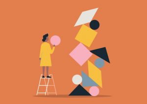 Cartoonish illustration of woman on a step ladder confronting a stack of preciously balanced shapes.