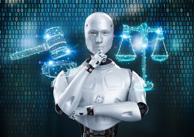 Cyber law or internet law concept with ai robot Front view of human figure, with a robot-like torso, pondering, with justice scales and gavel in the background.