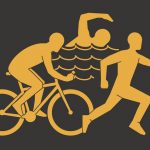 Stylized illustration of three silhouetted figures, one swimming, one running, and one on a bike.
