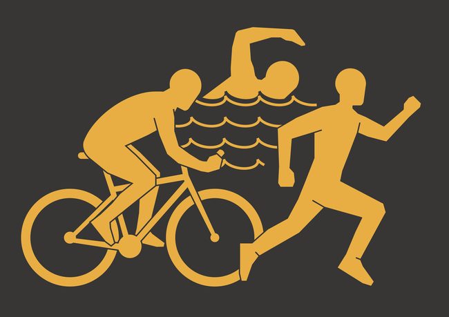 Gold modern logo triathlon club. Stylized illustration of three silhouetted figures, one swimming, one running, and one on a bike.