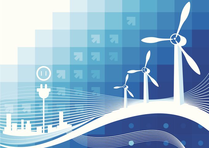 Wind energy abstract Abstract illustration of three wind turbines supplying electricity to a city skyline.