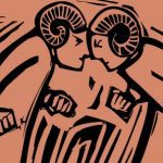 Stylized drawing of two possibly medieval looking figure butting heads.