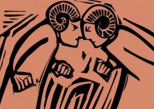 Stylized drawing of two possibly medieval looking figure butting heads.