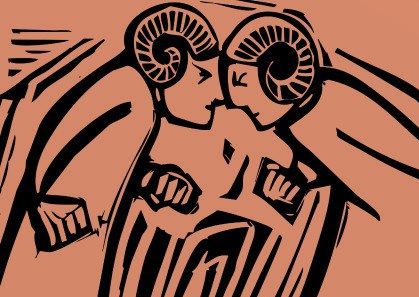 Butting Heads conflict battle 420 nether filter Stylized drawing of two possibly medieval looking figure butting heads.