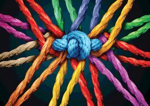 An illustration of multi-colored ropes emanating star-like from a knot in the center.