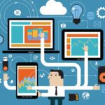 A cubist-style illustration of a man with several arms that appear to be reaching out to various icons of technology- gears, computer screens, light bulbs, etc.