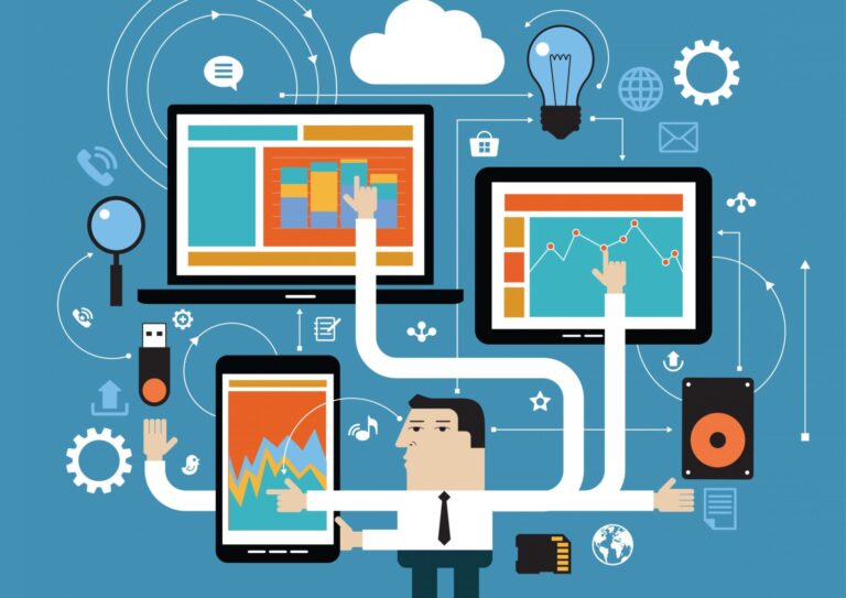 Businessman in network A cubist-style illustration of a man with several arms that appear to be reaching out to various icons of technology- gears, computer screens, light bulbs, etc.