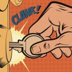 Comic-book style illustration of a hand turning a key in a door lock, making a loud "clank."