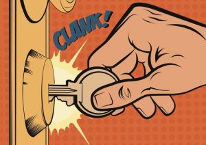 Comic-book style illustration of a hand turning a key in a door lock, making a loud "clank."