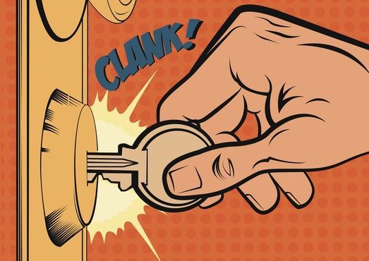 Vintage illustration of a hand opening a door Comic-book style illustration of a hand turning a key in a door lock, making a loud "clank."