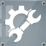 Combined icons of wrench and a "setting" icon that appear to be on the kind of plate that might be screwed on to a machine.