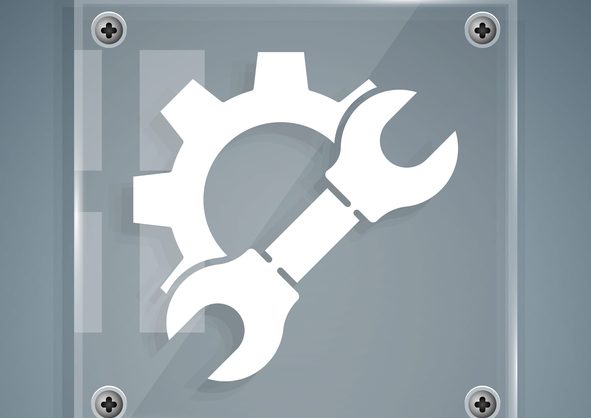 White Wrench spanner and gear icon isolated on grey background. Adjusting, service, setting, maintenance, repair, fixing. Square glass panels. Vector Illustration Combined icons of wrench and a "setting" icon that appear to be on the kind of plate that might be screwed on to a machine.