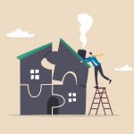 Cartoonish illustration of a man on a ladder trying to fix a house broken up into pieces like a jigsaw puzzle.