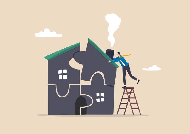 Plan to buying new house or renovation, mortgage loan or housing expense, property maintenance or real estate insurance concept, smart businessman put jigsaw to complete or finishing house puzzle. Cartoonish illustration of a man on a ladder trying to fix a house broken up into pieces like a jigsaw puzzle.