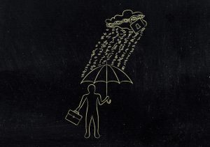 White outline of a figure on a black background. He is holding an umbrella, it appears to raining zeros and ones, as if its "raining data."