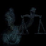 A ghostly image of the mythical lady holding the scales of justice, comprised of white zeros and ones on a black background.