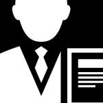 White silhouette of front-facing man in suit next to stark black and white stylized illustration of a document.