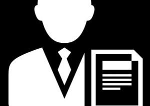 White silhouette of front-facing man in suit next to stark black and white stylized illustration of a document.
