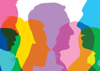EMPLOYMENT EMPLOYEES DIVERSITY PEOPLE Tillman Illustration of multi-colored silhouette faces in profile.