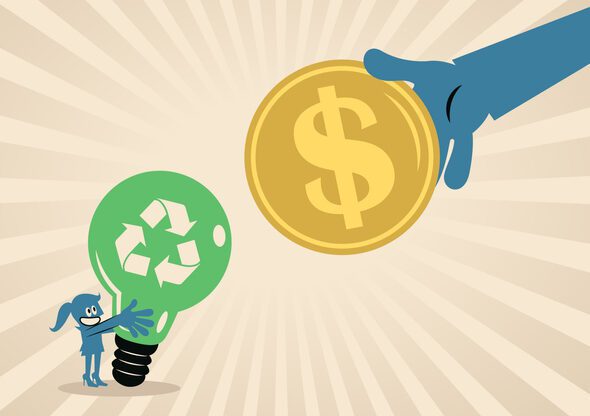 Cartoonish illustration of a small figure holding a green recycling icon, while a hand holding a gold coin with a dollar sign on it is reaching down toward her.