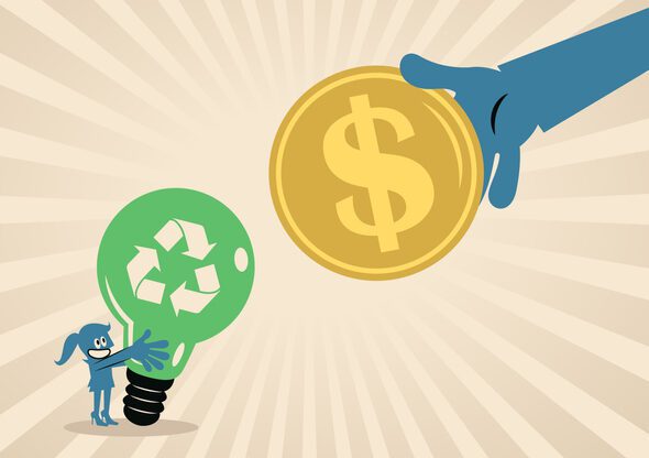 Eco-friendly business ideas for making money and saving the planet at the same time Cartoonish illustration of a small figure holding a green recycling icon, while a hand holding a gold coin with a dollar sign on it is reaching down toward her.