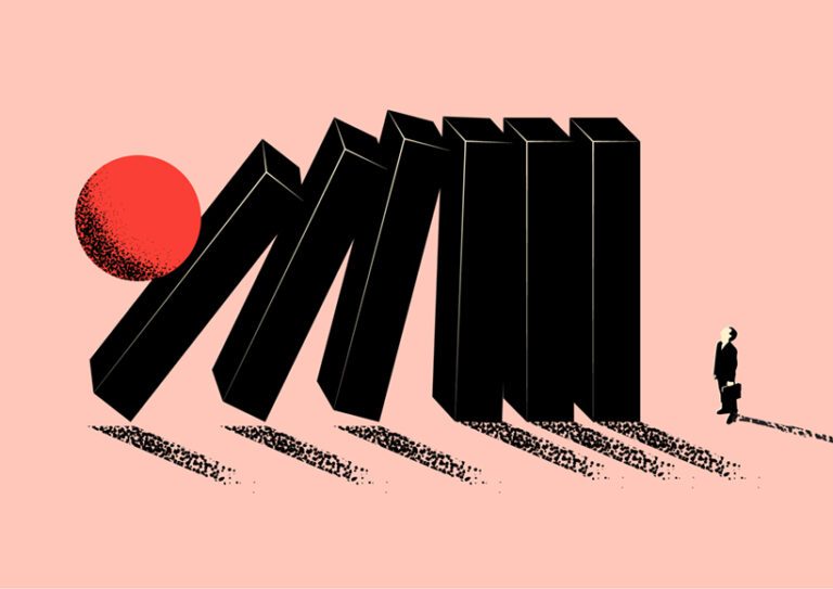 iStock-1355813915 falling domino and businessman