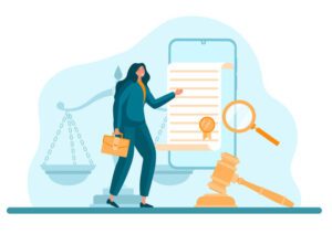 Stylized color illustration: woman with briefcase reaching for an oversized document, with iconic symbols arranged on the drawing: justice scales, a magnifying class, and a gavel.
