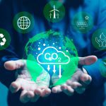 Composed illustration, front view of a guy holding a globe-like image marked "CO2," and with iconic little images representing green endeavors surrounding it.