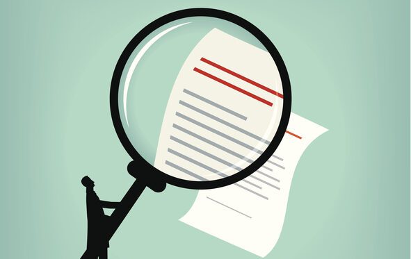 Contract Symbolic illustration. Small silhouette figure holding a huge magnifying glass against an oversized page of text.