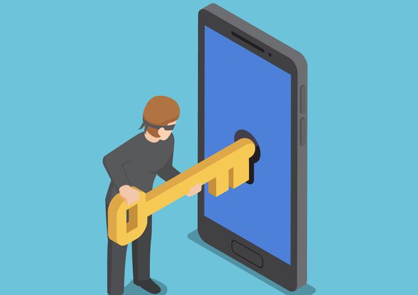 Isometric thief or hacker use key to hack into smartphone. Whimsical illustration: Man holding giant key and trying to push it into the keyhole on the screen of a giant cellphone screen.