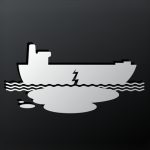 Icon-like illustration of a an oil tanker, in white silhouette with a gash on the side leaking oil, on a black backround.
