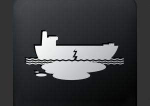 Icon-like illustration of a an oil tanker, in white silhouette with a gash on the side leaking oil, on a black backround.