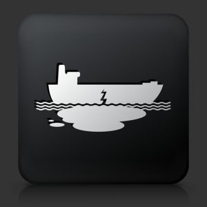 Stylized icon rendering of leaking tanker. a white silhouette on black.