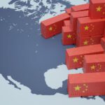 Chinese cargo containers on map of USA